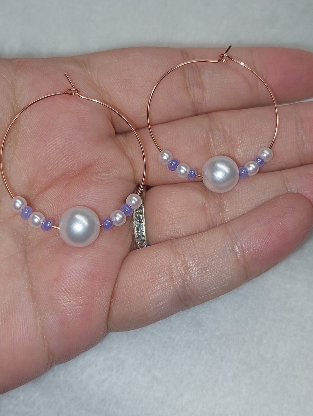 Handmade Rose Goldtone Hoop Earrings with White Faux Pearl and Lavender Beads